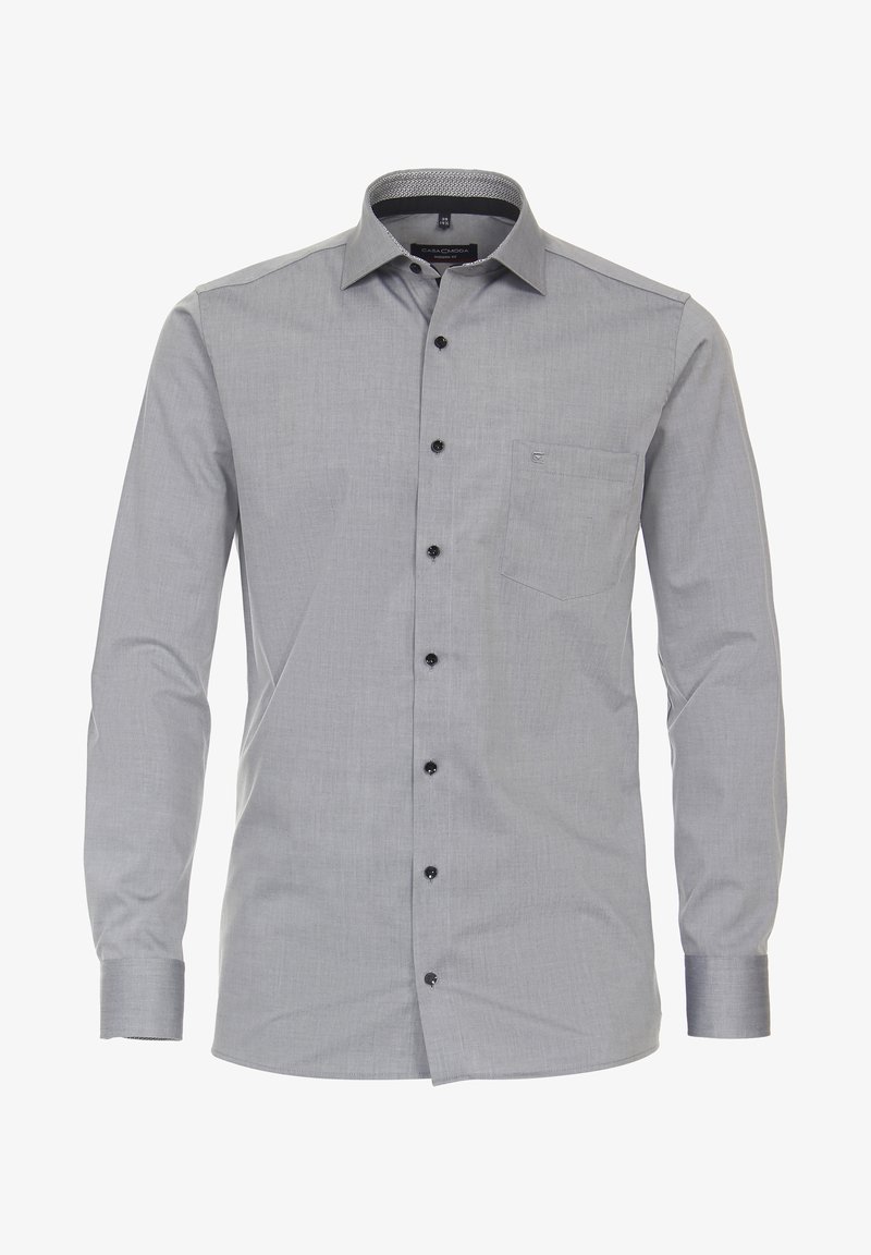 Graues Langarmhemd mit feiner Textur, schwarzen Knöpfen und einer einzelnen Brusttasche. Mit Kragendesign und kontrastierenden Details am inneren Kragen.