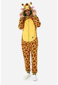 Tutina a tema giraffa realizzata in morbido tessuto giallo e marrone con macchie di giraffa; presenta una chiusura con zip frontale, tasche e un cappuccio con orecchie.