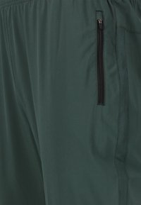 Groene sportshorts met elastische tailleband, zijrits zak, gladde textuur en contrasterend mesh zijpaneel.