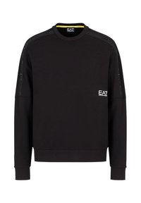 Maglione nero realizzato in tessuto misto cotone, con scollatura rotonda, maniche lunghe e logo EA7 sul petto e sulla spalla. Dettagli testurizzati sulle maniche.