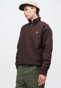 Sweat-shirt marron avec un col haut et une demi-fermeture éclair, arborant un petit logo jaune. Confectionné en tissu doux, associé à un pantalon vert olive.