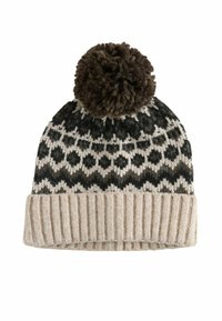 Knit beanie in black, white, and brown featuring a geometric pattern, a folded beige ribbed brim, and a fluffy brown pom-pom on top.
