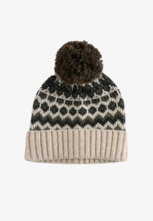Knit beanie in black, white, and brown featuring a geometric pattern, a folded beige ribbed brim, and a fluffy brown pom-pom on top.