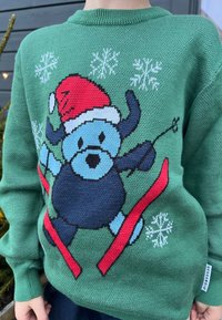 Grön stickad tröja med en blå björn i en röd tomteluva som åker skidor, med vita snöflingor framtill och röda skiddetaljer. Strukturerat material.