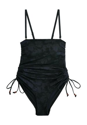 Čierne jednodielne plavky s nastaviteľnými tenkými ramienkami, riasenými bokmi, kvetinovým textúrovaným vzorom a šnúrkami s drevenými korálkami.
