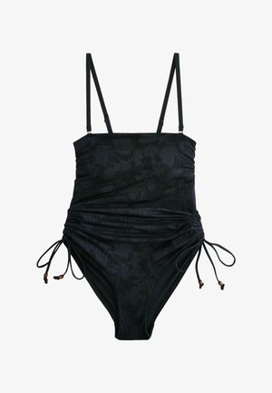 Fekete egyrészes fürdőruha állítható vékony vállpántokkal, ráncolt oldalakkal, virágmintás textúrával és fás gyöngyökkel díszített megkötős zsinórokkal.