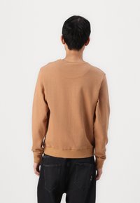 Barna crewneck pulóver puha anyagból, bordázott mandzsettákkal és aljjal. Egyszerű dizájn, látható minták vagy díszítések nélkül.