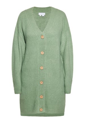 Grøn strik cardigan med V-hals, forsynet med fem træknapper, ribbede manchetter og kant, der tilbyder en blød tekstur og afslappet pasform.