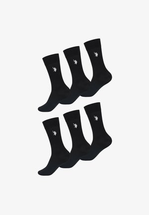 Set of six black cotton socks featuring a white logo on the side, ribbed cuffs, and a smooth texture. Classic mid-calf design.