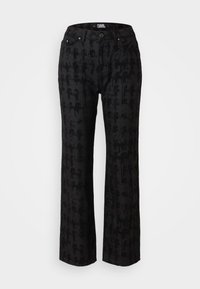 Schwarze Hose mit dezentem Muster, gerader Schnitt, fünf Taschen und vorderem Knopfverschluss. Hergestellt aus einem glatten Stoff für zusätzlichen Komfort.