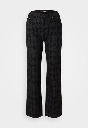 Schwarze Hose mit dezentem Muster, gerader Schnitt, fünf Taschen und vorderem Knopfverschluss. Hergestellt aus einem glatten Stoff für zusätzlichen Komfort.