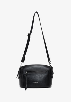 Schwarze Leder-Crossbody-Tasche mit runder Form, verstellbarem Tragegurt, vorderer Reißverschlusstasche und strukturiertem Oberflächenmaterial, mit dem Markennamen "DERIMOD".