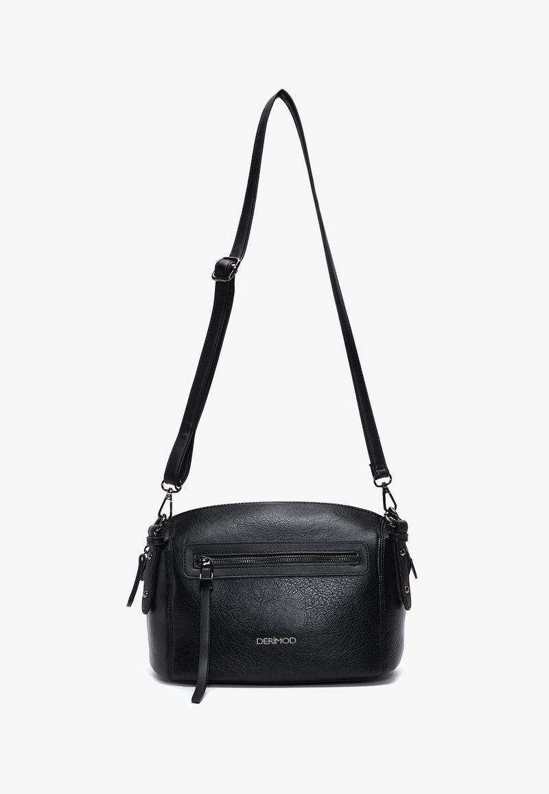 Borsa a tracolla in pelle nera con forma arrotondata, tracolla regolabile, tasca frontale con zip e superficie testurizzata, marchiata "DERIMOD."