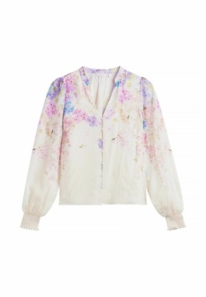 Kremfarvet bluse med lange ærmer med pink, lilla og blå blomsterprint, knappelukning foran, rynkede manchetter og let puffede ærmer.