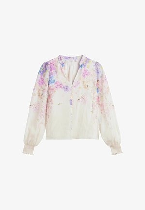 Kremfarvet bluse med lange ærmer med pink, lilla og blå blomsterprint, knappelukning foran, rynkede manchetter og let puffede ærmer.