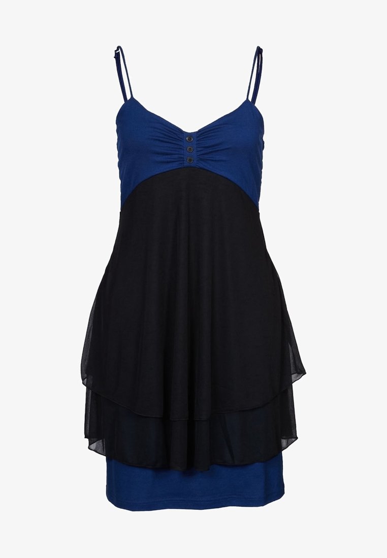 Robe sans manches à fines bretelles, haut bleu ajusté avec trois boutons, jupe noire fluide à étages et jupon bleu.