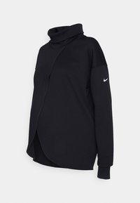 Sweat-shirt noir avec un col montant haut, un design asymétrique et des manches longues. Présente un petit logo Nike blanc sur la manche gauche. Tissu doux.