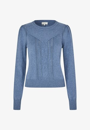 Suéter azul claro con mangas largas, dobladillo acanalado y patrones tejidos en relieve en la parte delantera. Hecho de un material de punto suave.