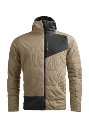 Beige isolierte Jacke mit schwarzen Akzenten; verfügt über eine gesteppten Textur, hohen Kragen, vollen Reißverschluss und ein Markenlogo auf der oberen linken Seite.