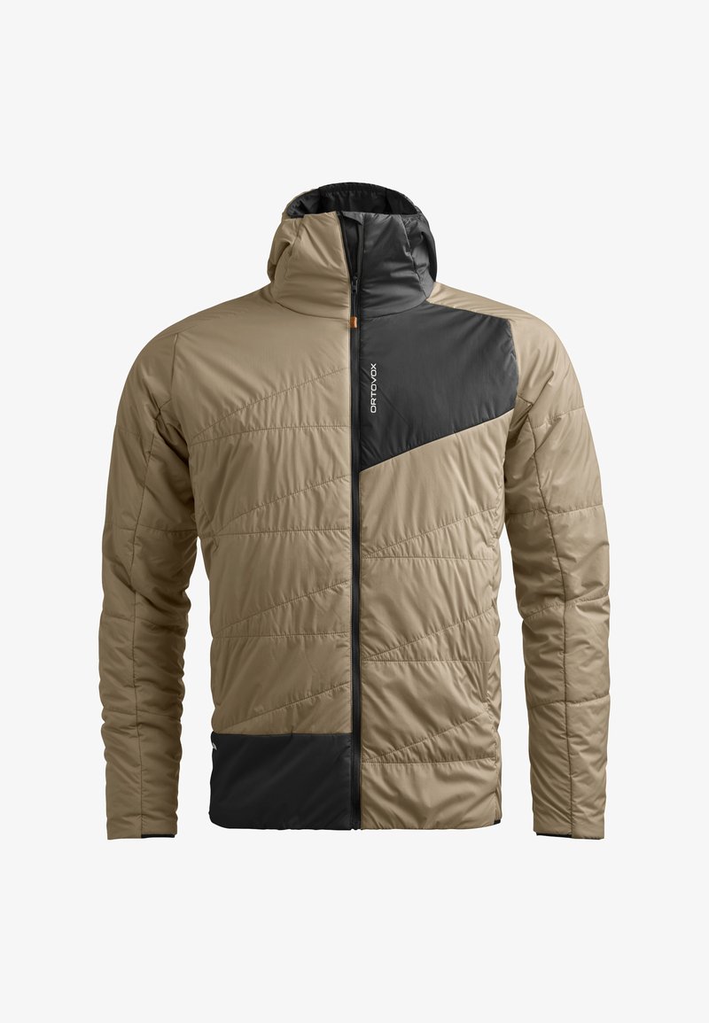 Beige insulated jacket with black accents; features quilted texture, high collar, full zipper, and branded detail on the upper left side.