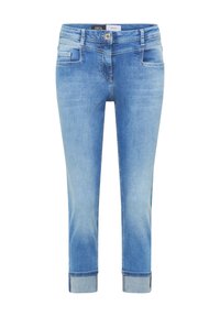 Jasnoniebieskie dżinsy z denimu o prostym kroju, podwiniętych mankietach, dwie przednie kieszenie i zapięcie na guzik. Charakteryzują się delikatnym wyblaknięciem i ozdobnym przeszyciem.