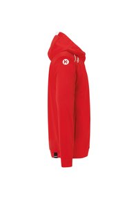 Felpa rossa con cappuccio e tasca frontale, dettagli bianchi e un logo sulla spalla sinistra. Realizzata in tessuto liscio con una vestibilità aderente.