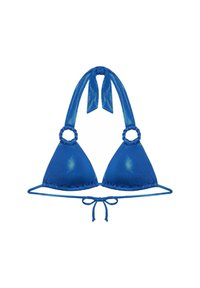 Top de bikini albastru în formă de triunghi, cu material lucios, cu legătură ajustabilă la gât și la spate, detalii circulare din metal și accente plisate pe margini.