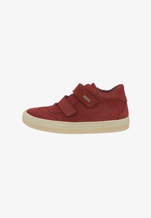 Red leather sneaker with two Velcro straps, textured surface, and a light-colored rubber sole. Features brand logo on the side.