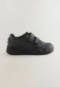 Schwarze Sneaker mit strukturiertem Finish, Klettverschlüssen, Gummisohle und Dinosaurier-Muster an der Seite. Entwickelt für Komfort und Langlebigkeit.