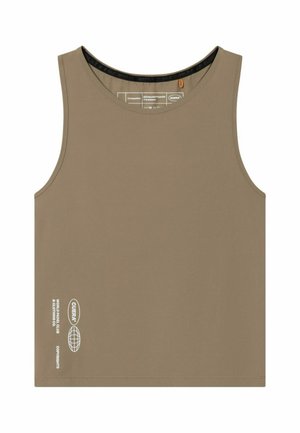 Canotta sportiva marrone senza maniche con scollo rotondo e logo bianco e testo vicino alla parte inferiore sinistra.