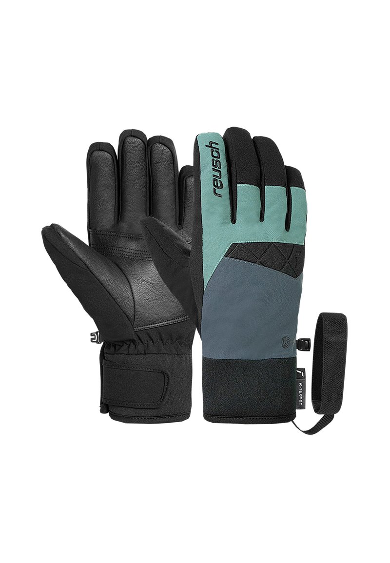 Schwarze Leder- und blaugrüne Stoffhandschuhe mit strukturiertem Griff, verstellbarem Handgelenksverschluss und kontrastierendem Farbblockdesign.