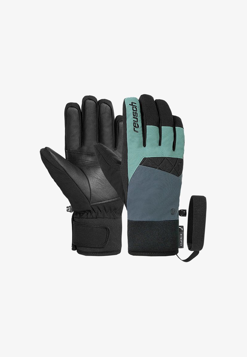 Schwarze Leder- und blaugrüne Stoffhandschuhe mit strukturiertem Griff, verstellbarem Handgelenksverschluss und kontrastierendem Farbblockdesign.