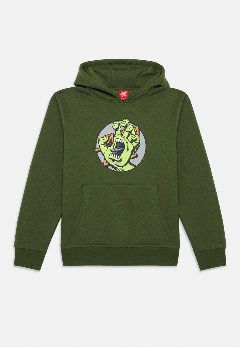 Olive green hoodie with a front pocket, featuring a graphic of a green hand with an open mouth against a gray circular background.