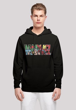Black hoodie featuring a colorful "MARVEL" logo made of comic book characters. It has a front pouch pocket and drawstring hood.