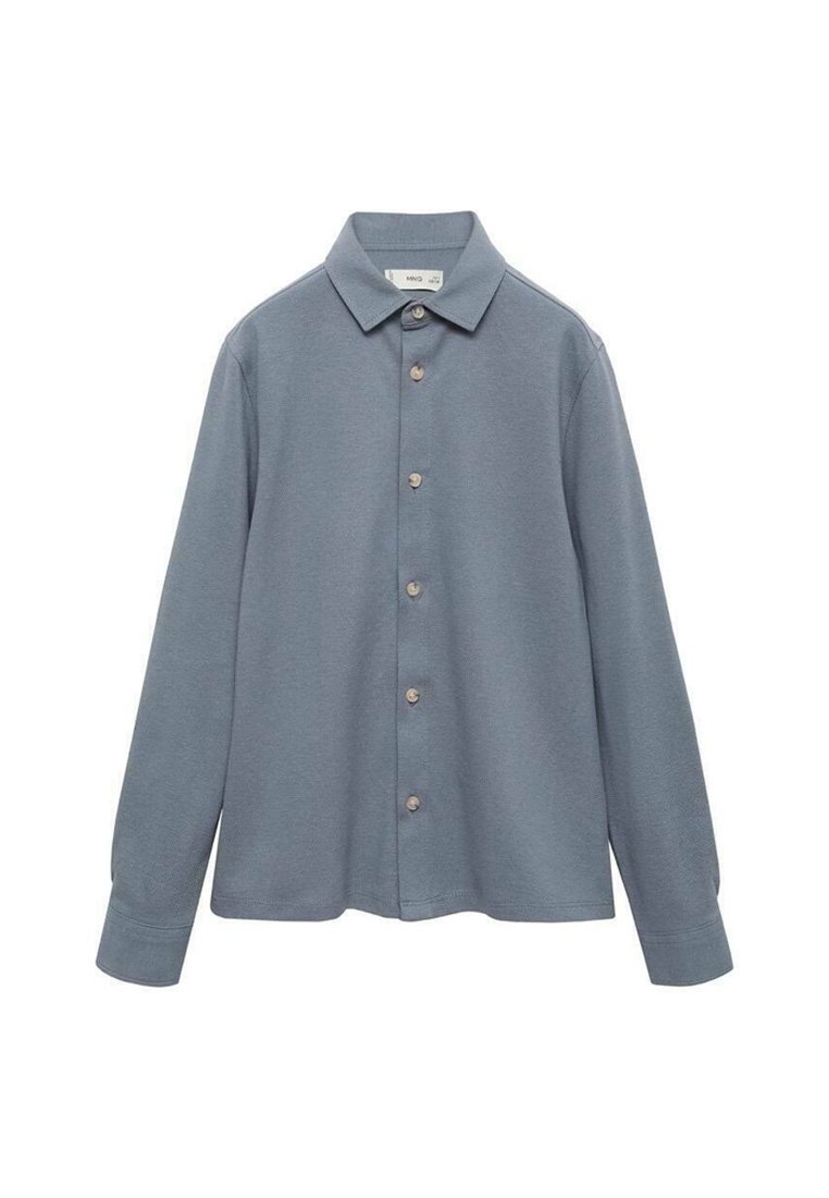 Button-up shirt in a soft blue fabric, featuring long sleeves, a collar, and a straight cut with five buttons down the front.