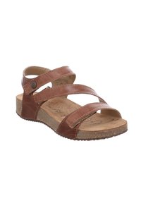 Brown leather sandal with cross straps, adjustable with a side buckle, and a textured cork sole. Lightly cushioned insole.