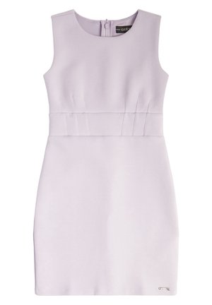 Robe sans manches, couleur lavande claire, longueur genou, avec taille cintrée, col rond, fermeture éclair au dos et petite plaque métallique avec logo près de l’ourlet.