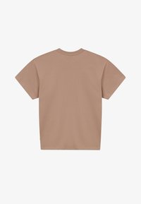 T-shirt beige uni à manches courtes, vu de dos avec un col rond sur fond blanc.