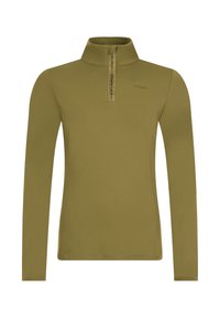 Olijfgroene lange mouw pullover met hoge kraag en korte rits, met subtiele "protest" logo op de borst en ritsflap.