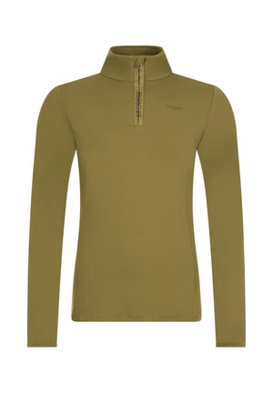 Suéter de manga larga color verde olivo con cuello alto y cremallera corta, que presenta un sutil logo de "protesta" en el pecho y la solapa de la cremallera.