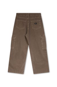 Cargo-Hosen in einem gedämpften Braun, mit lockerer Passform, doppelten Seitentaschen und Gesäßtaschen. Hergestellt aus robustem Baumwollstoff mit strukturierter Oberfläche.