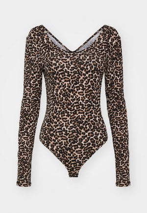 Body a maniche lunghe con motivo a stampa leopardata, scollatura a V, tessuto morbido e silhouette aderente con un taglio alto sulla gamba.