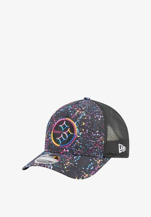 Black baseball cap with multicolored splatter pattern, featuring a circular embroidered logo with "Steelers" text and a mesh back.