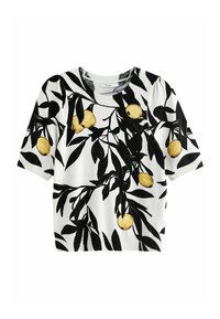 Biała krótkos dzianinowa bluzka z czarnym wzorem liściastych gałązek i żółtymi cytrusami, okrągły dekolt oraz ściągacze u rękawów i u dołu.