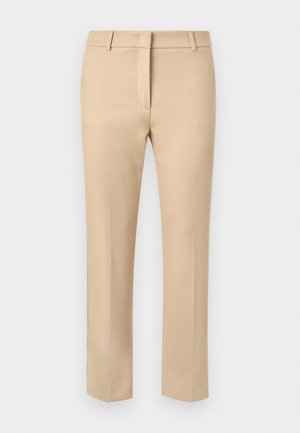 Beige tailored trousers with a flat front, belt loops, and a smooth texture. Straight-leg design with minimal stitching details.
