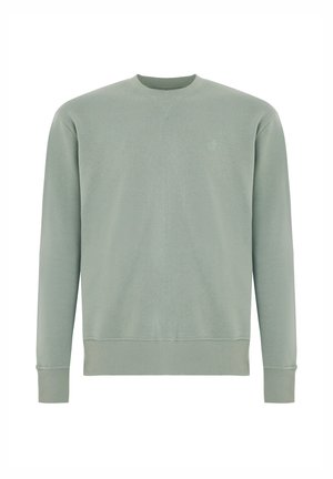 Light green crewneck sweatshirt with long sleeves, ribbed cuffs and hem, and subtle stitching detail at the neckline.