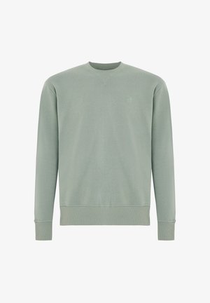 Light green crewneck sweatshirt with long sleeves, ribbed cuffs and hem, and subtle stitching detail at the neckline.