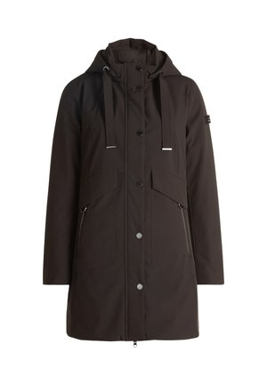 Veste imperméable noire avec capuche, fermeture éclair à l'avant et boutons-pression. Dispose de plusieurs poches utilitaires et de cordons de serrage ajustables. Texture douce.