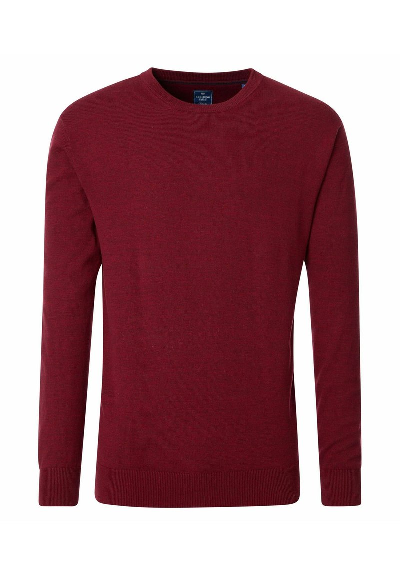 Bordeaux gemêlede ronde hals trui van gebreide stof, met lange mouwen en geribde manchetten en zoom. Eenvoudig, effen ontwerp zonder patronen.