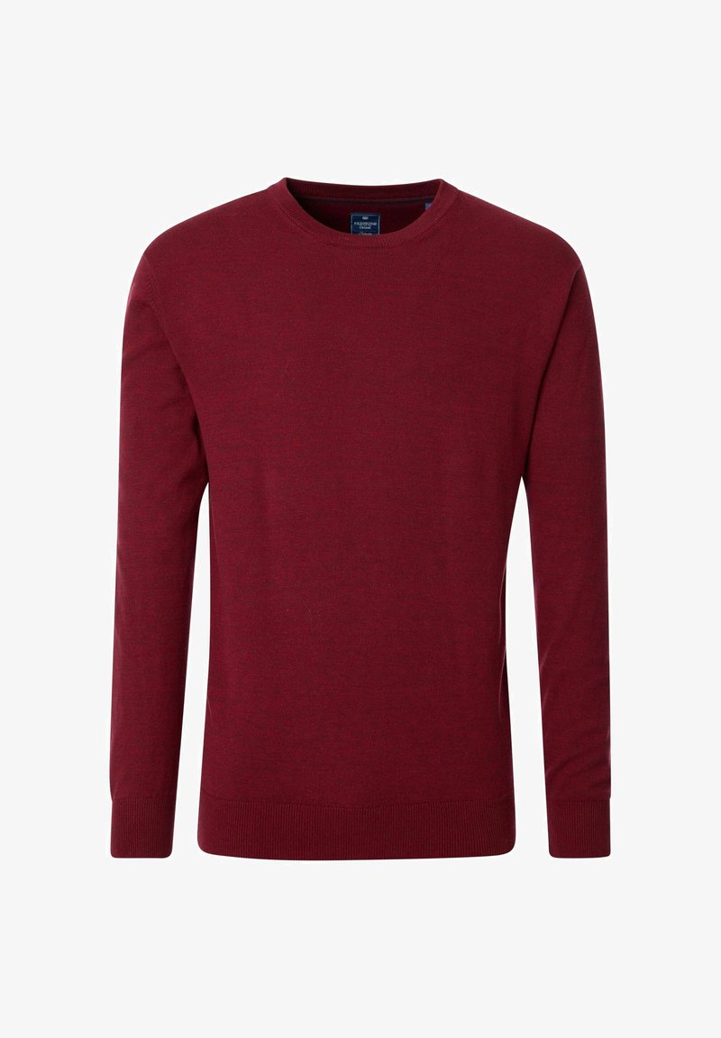 Bordeaux gemêlede ronde hals trui van gebreide stof, met lange mouwen en geribde manchetten en zoom. Eenvoudig, effen ontwerp zonder patronen.